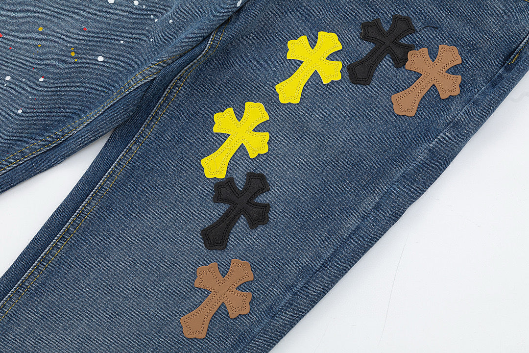 CHROME Hearts Paint Drip Cross Patch Jeans Denim - Red Unisex Streetwear Limited Edition