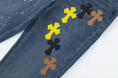CHROME Hearts Paint Drip Cross Patch Jeans Denim - Red Unisex Streetwear Limited Edition