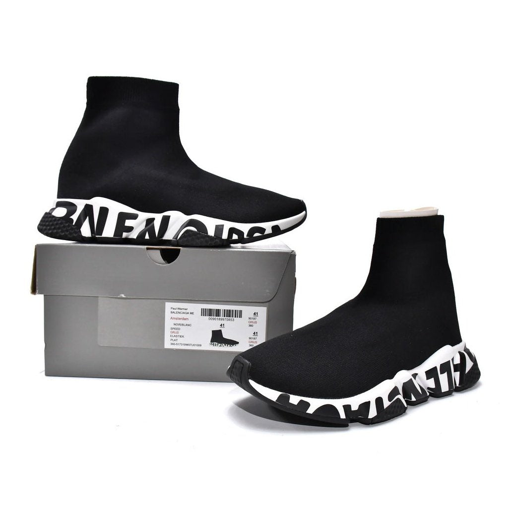 BALENCIAGA Speed Graffiti Trainer - White - Black Unisex Streetwear Limited Edition - The Balenciaga Speed Graffiti Trainers x Black White edition infuses the brand's futuristic silhouette with