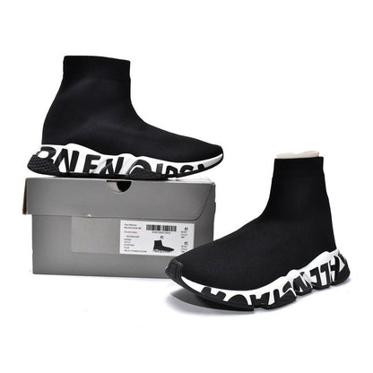 BALENCIAGA Speed Graffiti Trainer - White - Black Unisex Streetwear Limited Edition - The Balenciaga Speed Graffiti Trainers x Black White edition infuses the brand's futuristic silhouette with