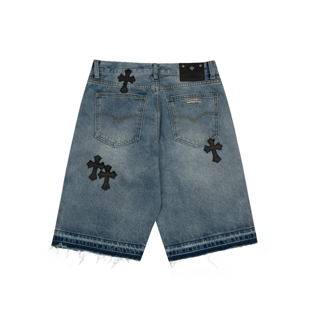 CHROME Hearts Cross Patch Edge Jorts Washed Denim - Black Unisex Streetwear Limited Edition
