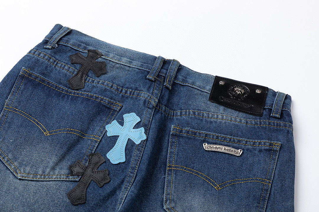 CHROME Hearts Cross Patch Jeans Denim - Blue Unisex Streetwear Limited Edition