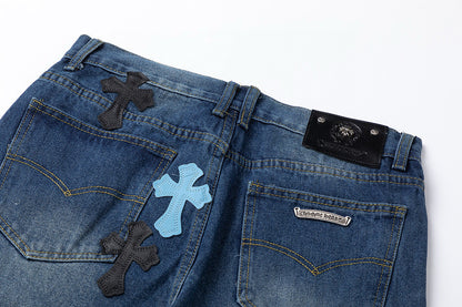 CHROME Hearts Cross Patch Jeans Denim - Blue Unisex Streetwear Limited Edition