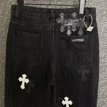CHROME Hearts White Cross Patch Jeans - Black Unisex Streetwear Limited Edition