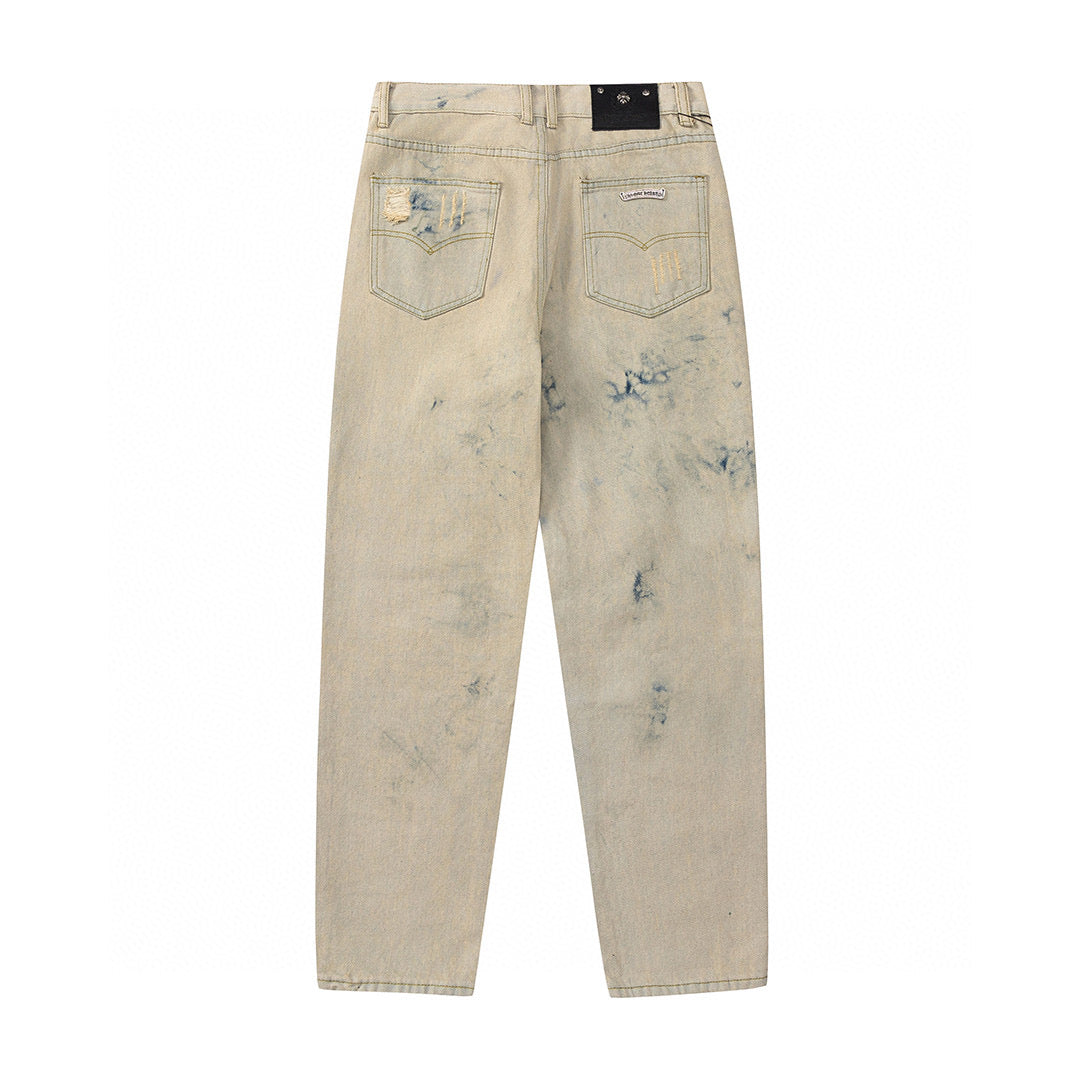 CHROME Hearts Brown Cross Patch Jeans Beige - Orange Unisex Streetwear Limited Edition