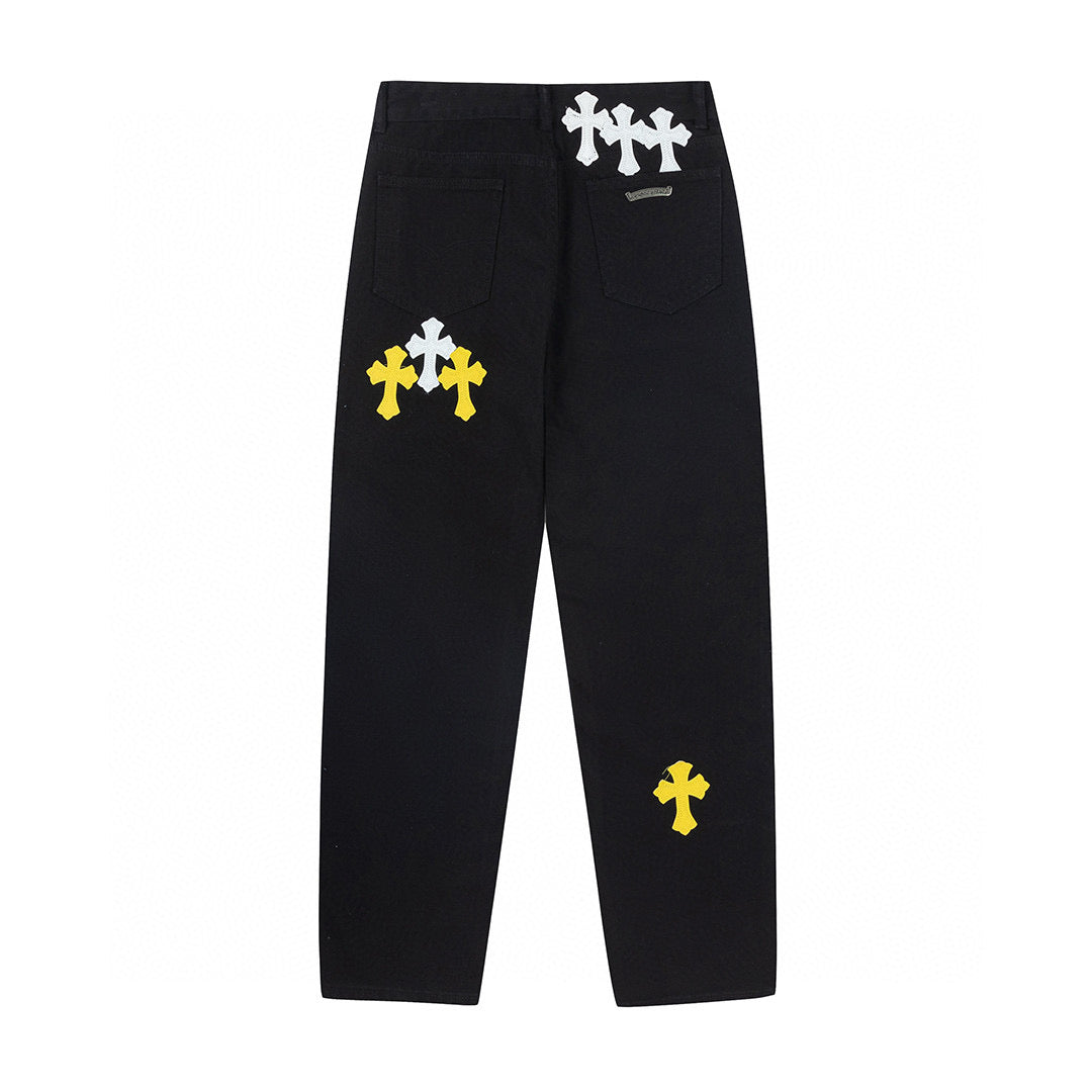 CHROME Hearts White Yellow Cross Patch Jeans - Black Unisex Streetwear Limited Edition