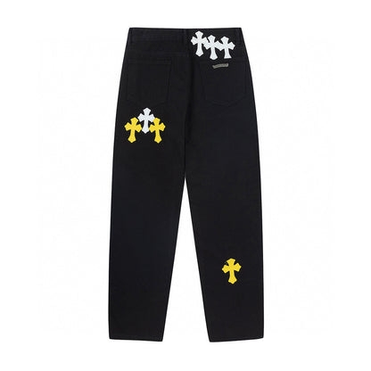 CHROME Hearts White Yellow Cross Patch Jeans - Black Unisex Streetwear Limited Edition
