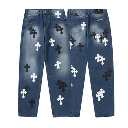 CHROME Hearts White Cross Patch Jeans Denim - Black Unisex Streetwear Limited Edition