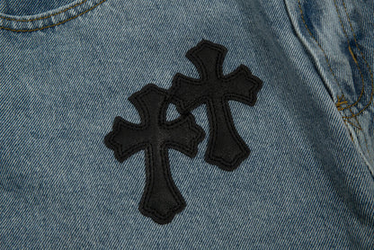 CHROME Hearts Cross Patch Jorts Washed Denim - Black Unisex Streetwear Limited Edition