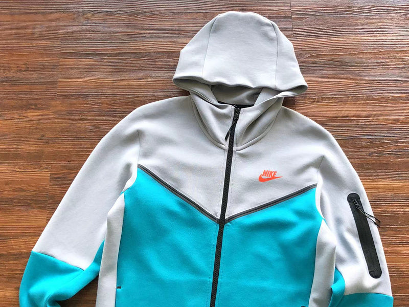 NIKE Tech Fleece Hoodie - Wolf Grey - Aquamarine - - Orange Unisex Streetwear Limited Edition - The NIKE TECH FLEECE HOODIE WOLF GREY/AQUAMARINE/ORANGE - REPLICA is the perfect fusion of modern