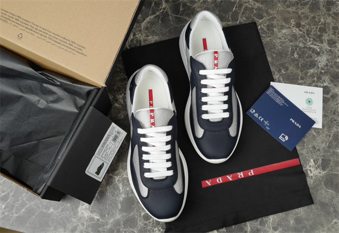 PRADA America's Cup Leather Silver Sneakers - Navy Unisex Streetwear Limited Edition
