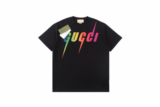 Gucci Rainbow Lightning T-shirt (black) Unisex Streetwear Limited Edition - <span>Vibrant black t-shirt featuring a bold, rainbow-colored Gucci logo with lightning bolt accents. Crafted from
