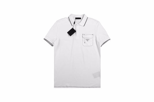 Prada 'pocket Detail' Polo Shirt - Black Unisex Streetwear Limited Edition - <span>White polo shirt featuring a classic collar and button placket. Accentuated with contrasting black stitching