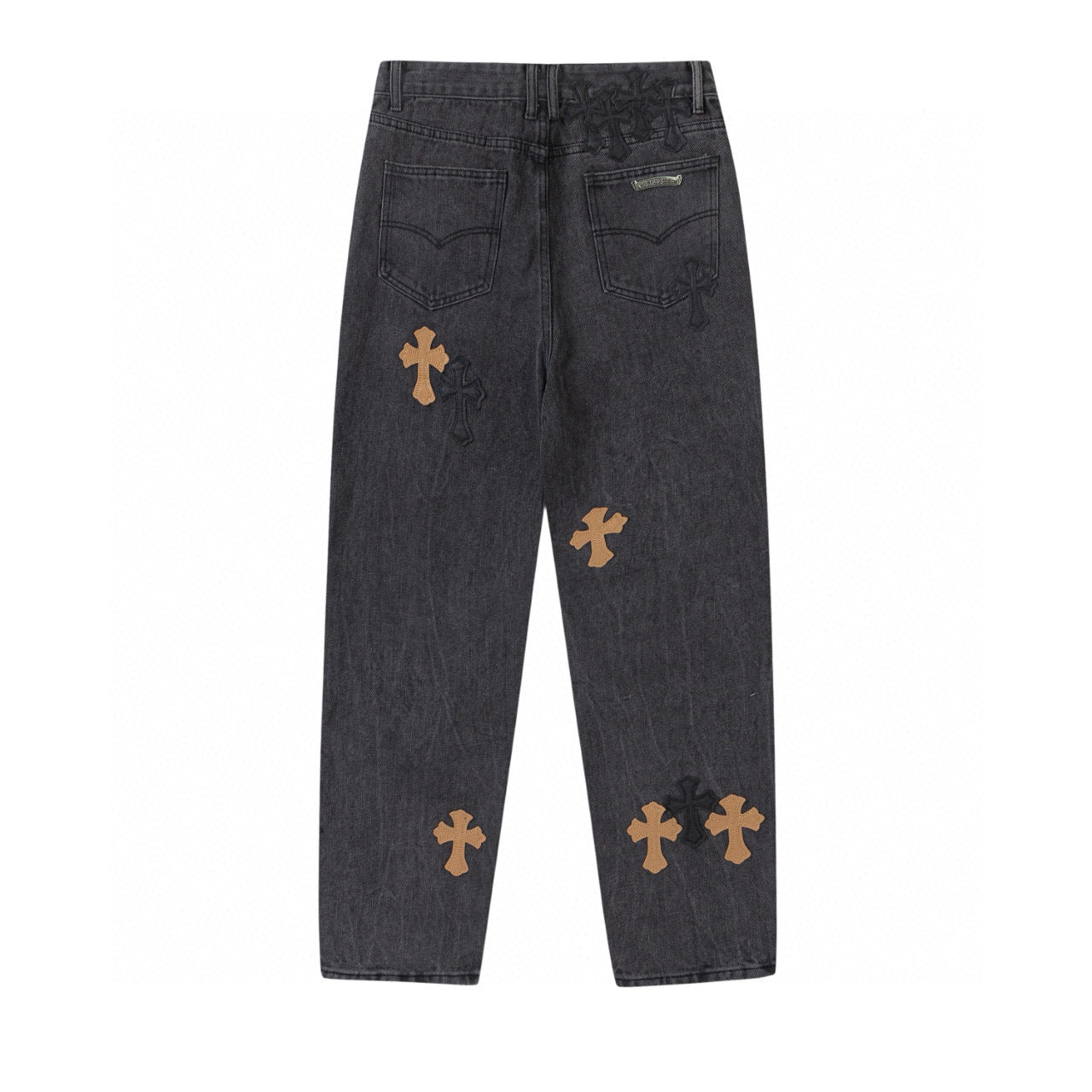 CHROME Hearts Brown Cross Patch Jeans - Black Unisex Streetwear Limited Edition