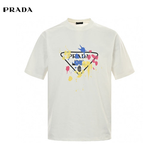 Prada T-shirt - Paint Splatter Logo - White Unisex Streetwear Limited Edition - <span>This Prada t-shirt features a unique design with the classic Prada Milano logo surrounded by