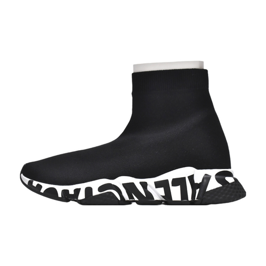BALENCIAGA Speed Graffiti Trainer - White - Black Unisex Streetwear Limited Edition - The Balenciaga Speed Graffiti Trainers x Black White edition infuses the brand's futuristic silhouette with