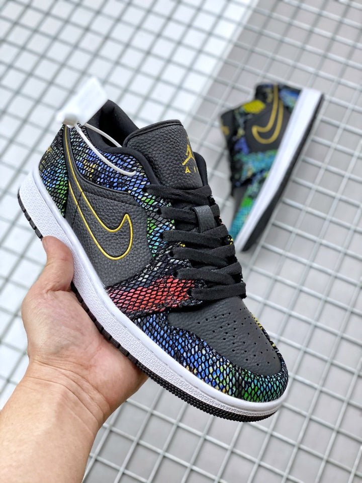 JORDAN 1 Low - Multicolor Snakeskin Sneakers - Black Unisex Streetwear Limited Edition