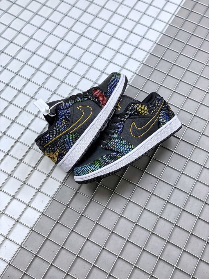 JORDAN 1 Low - Multicolor Snakeskin Sneakers - Black Unisex Streetwear Limited Edition