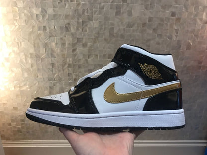 JORDAN 1 Mid - Patent White Gold Sneakers - Black Unisex Streetwear Limited Edition