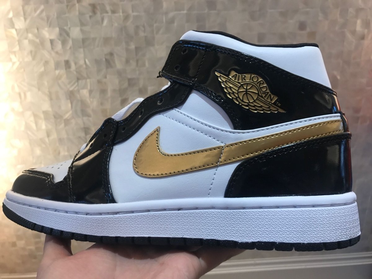 JORDAN 1 Mid - Patent White Gold Sneakers - Black Unisex Streetwear Limited Edition