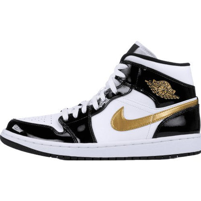 JORDAN 1 Mid - Patent White Gold Sneakers - Black Unisex Streetwear Limited Edition