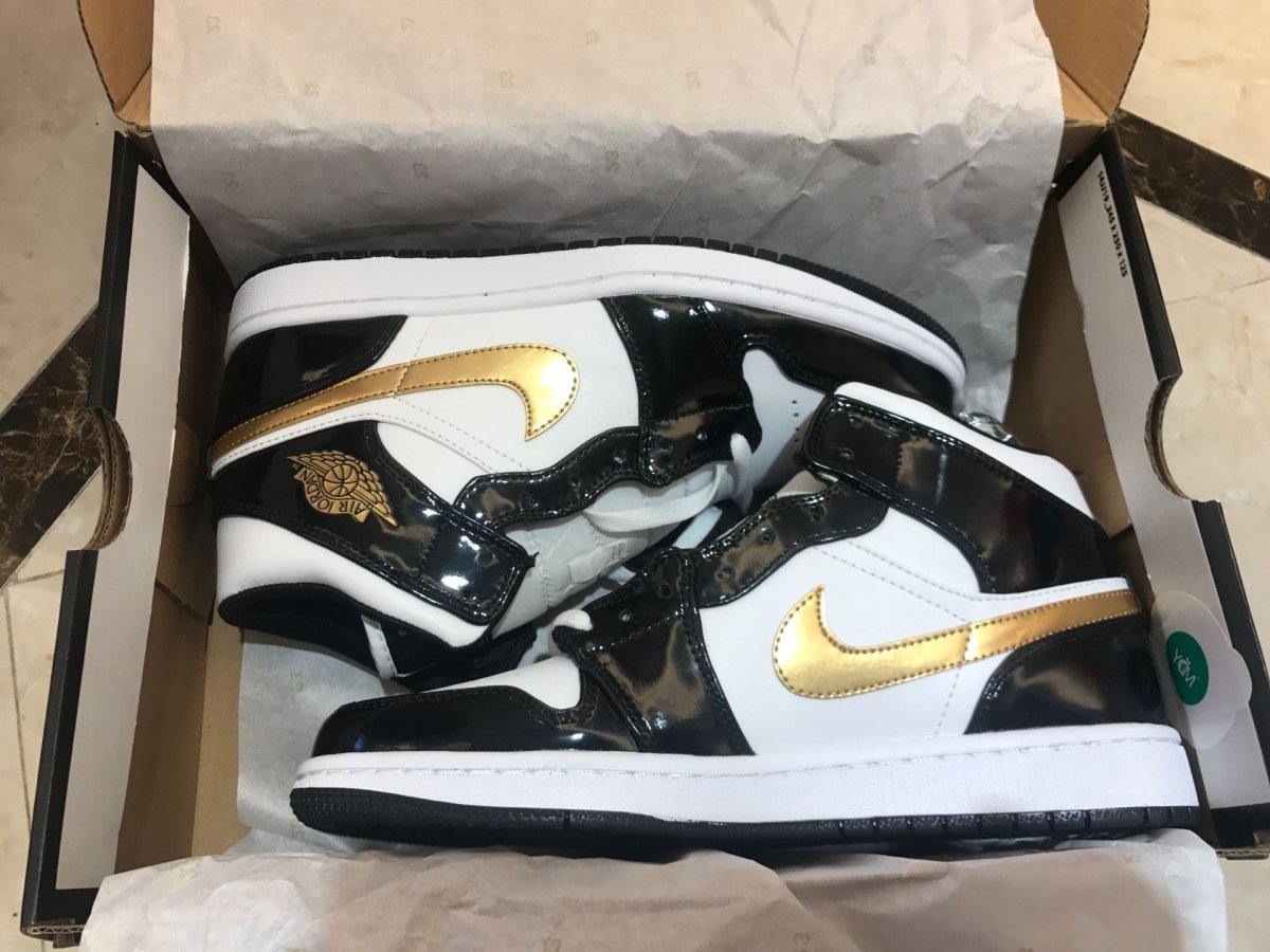 JORDAN 1 Mid - Patent White Gold Sneakers - Black Unisex Streetwear Limited Edition