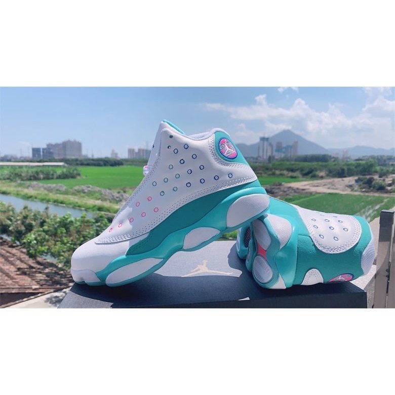JORDAN 13 Retro - Soar Green Pink Sneakers - White Unisex Streetwear Limited Edition